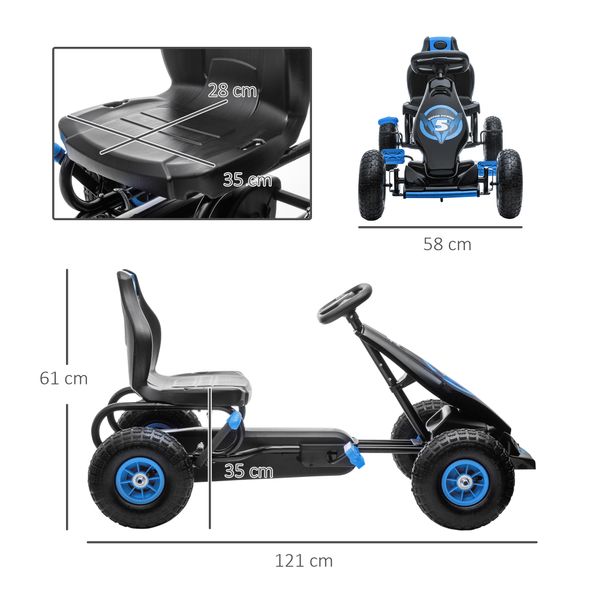 Go kart a pedali per bambini da 5-12 anni con sedile regolabile e ruote in gonfiabili, blu - 