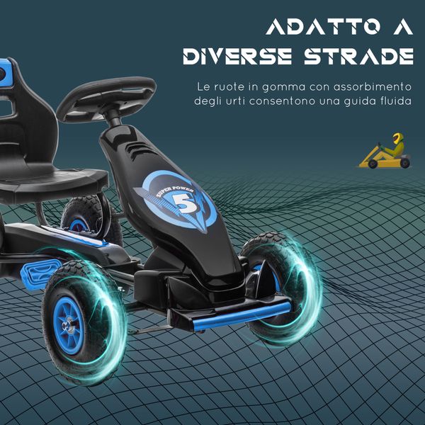 Go kart a pedali per bambini da 5-12 anni con sedile regolabile e ruote in gonfiabili, blu - 