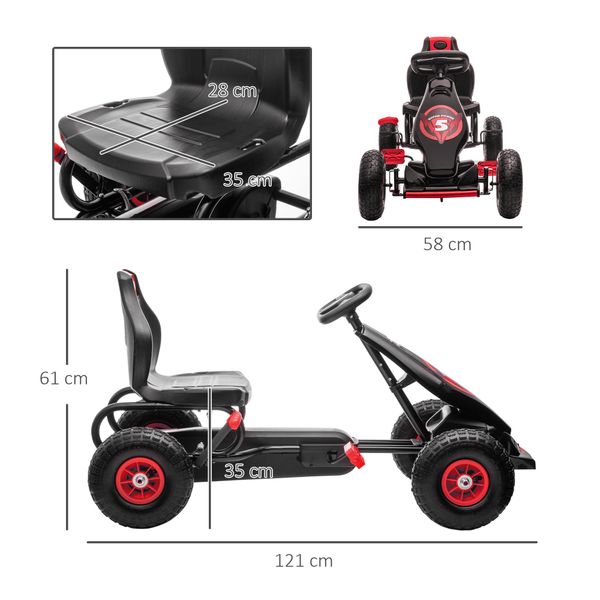 Go kart a pedali per bambini da 5-12 anni con sedile regolabile e ruote in gonfiabili, rosso - 