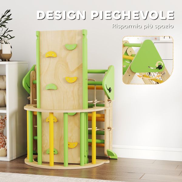 Gioco per bambini 8 in 1 con triangolo, parete liscia e arco, in legno di pioppo e pino, 191.5x74.5x63 cm - 