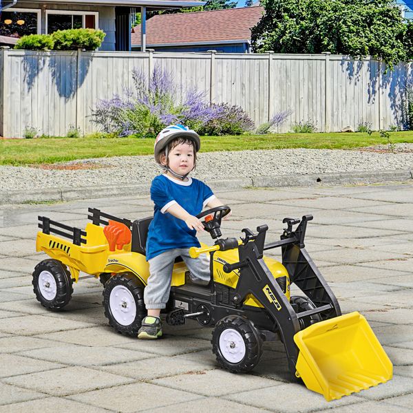 Escavatore a pedali per bambini da 3 anni con ruspa frontale, rimorchio e 6 ruote, giallo - 