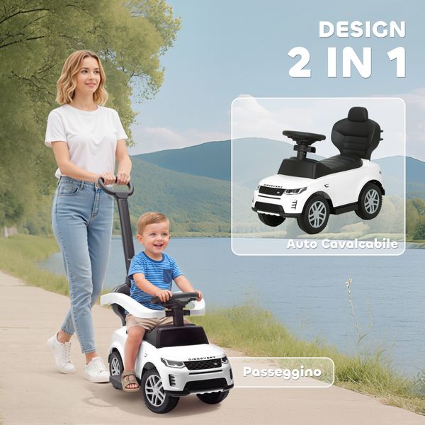 Macchina cavalcabile licenza land rover con maniglia e barriera, in pp e acciaio, 84x40x94.5 cm, bianco - 