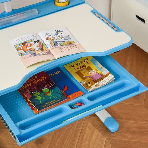 Banco scuola con sedia per bambini 6-12 anni con altezza e inclinazione regolabile, blu - 