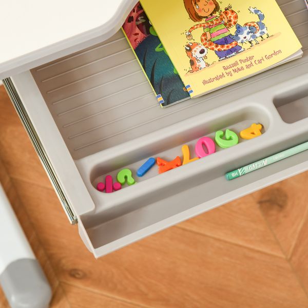 Banco scuola con sedia per bambini 6-12 anni con altezza e inclinazione regolabile, grigio - 