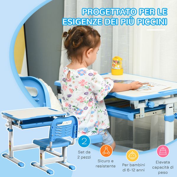Banco scuola per bambini 6-12 anni con sedia regolabile, cassetto e piano inclinabile, 66x47x52-77 cm, blu - 