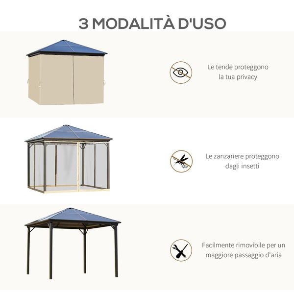 Gazebo da giardino 3x3m con tetto in policarbonato e zanzariere, caffè e khaki - 