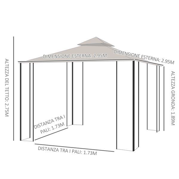 Gazebo da giardino 3x3m in metallo con zanzariere e tettuccio in poliestere, beige - 