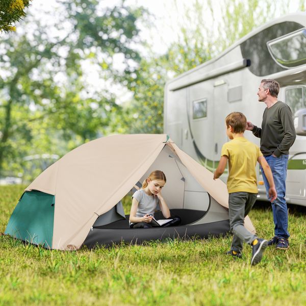 Tenda da campeggio 2 posti con 2 vestiboli, 2 porte, 2 finestre e borsa di trasporto, 2.8x2.25x1.1 cm, beige - 