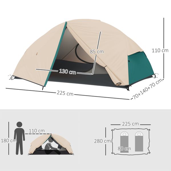 Tenda da campeggio 2 posti con 2 vestiboli, 2 porte, 2 finestre e borsa di trasporto, 2.8x2.25x1.1 cm, beige - 