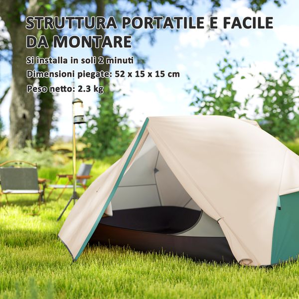 Tenda da campeggio 2 posti con 2 vestiboli, 2 porte, 2 finestre e borsa di trasporto, 2.8x2.25x1.1 cm, beige - 