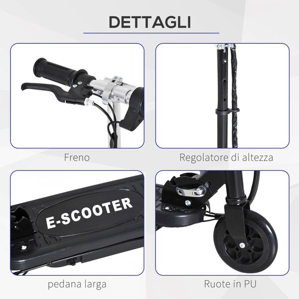 Monopattino elettrico per bambini pieghevole da 120w, velocità max 12km/h e portata 50kg, 74x36x69-91 cm, nero - 