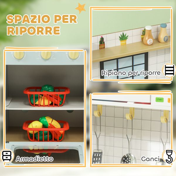 Cucina giocattolo per bambini con fornelli e armadietti, in acciaio, legno e pp, 72x33x85.2 cm, blu e bianco - 