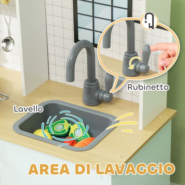 Cucina giocattolo per bambini con fornelli e armadietti, in acciaio, legno e pp, 72x33x85.2 cm, blu e bianco - 