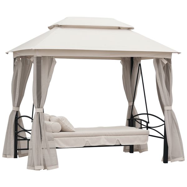 Dondolo 3 posti e lettino singolo copertura a gazebo con zanzariera e cuscini 256x172x248cm crema - 