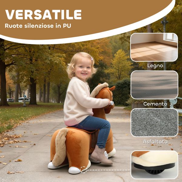 Cavallo elettrico per bambini con pedali, rotelle e suoni, in peluche e metallo, 74x34x51 cm, marrone - 