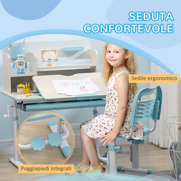 Set scrivania e sedia per bambini da 3 anni regolabile, tavolo inclinabile a 60° con cassetto e ripiani, blu - 
