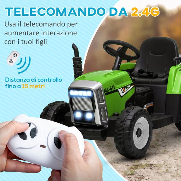 Trattore elettrico per bambini 3-6 anni con rimorchio rimovibile, batteria 12v e telecomando, verde - 