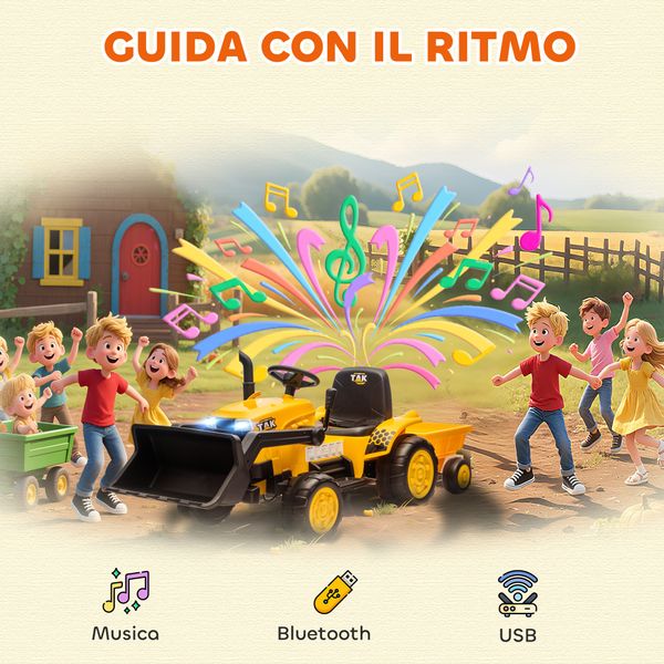 Escavatore per bambini elettrico 12v con benna, rimorchio e telecomando, età 3-8 anni, giallo - 