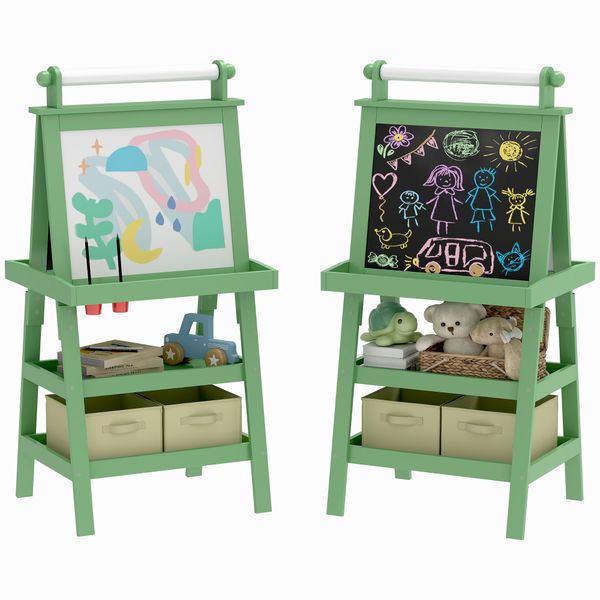 Lavagna per bambini con cavalletto 3 in 1, rotolo di carta e 2 contenitori, in legno, 59x48x118 cm, verde - 