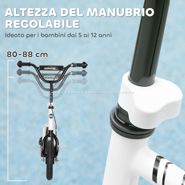 Monopattino per bambini 5-12 anni con freno, cavalletto e manubrio regolabile, 129x52x80-88 cm, bianco e nero - 