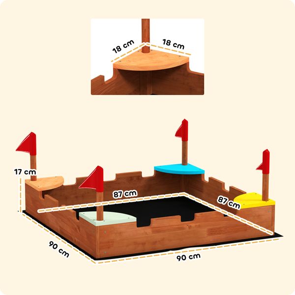 Sabbiera per bambini 3-7 anni a forma di castello con 4 sedute in legno di abete, 90x90x17 cm, multicolore - 