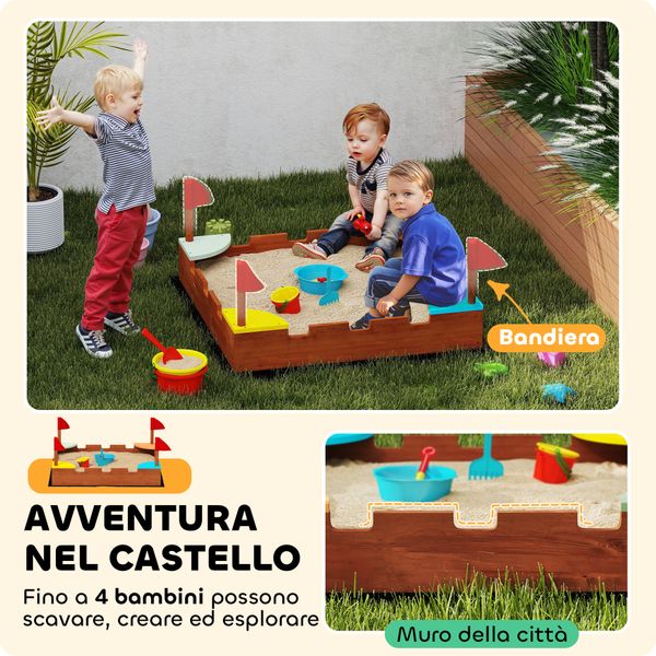 Sabbiera per bambini 3-7 anni a forma di castello con 4 sedute in legno di abete, 90x90x17 cm, multicolore - 