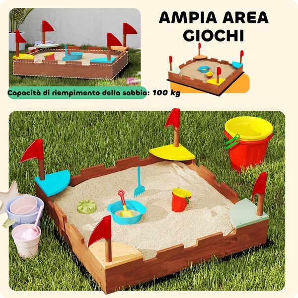 Sabbiera per bambini 3-7 anni a forma di castello con 4 sedute in legno di abete, 90x90x17 cm, multicolore - 