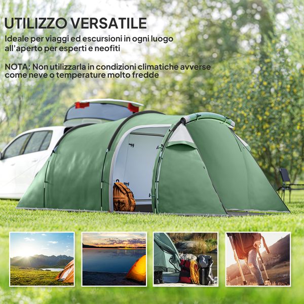 Tenda da campeggio 2-4 posti con telo impermeabile e porte con cerniera, 426x206x15 cm, verde scuro - 