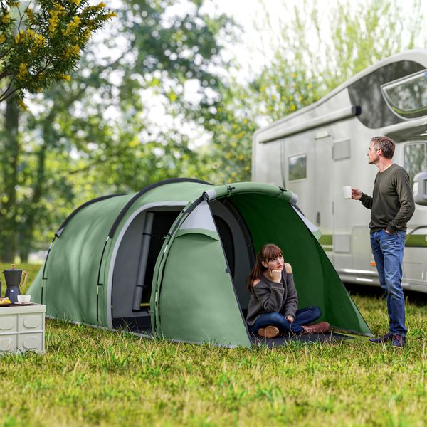 Tenda da campeggio 2-4 posti con telo impermeabile e porte con cerniera, 426x206x15 cm, verde scuro - 