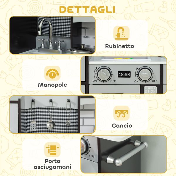 Cucina giocattolo per bambini 3-8 anni in legno con accessori, frigo, lavandino e manopole con suoni, marrone - 