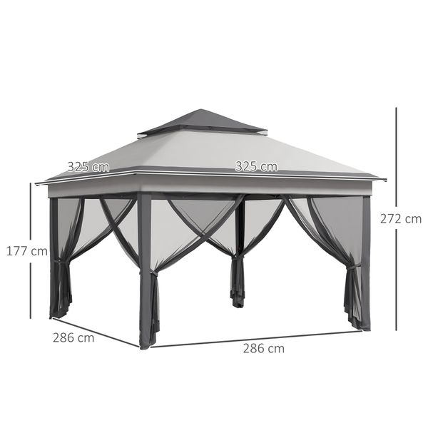 Gazebo con zanzariere regolabile su 3 livelli, in acciaio e tessuto oxford, 326x326x272 cm, grigio chiaro e scuro - 