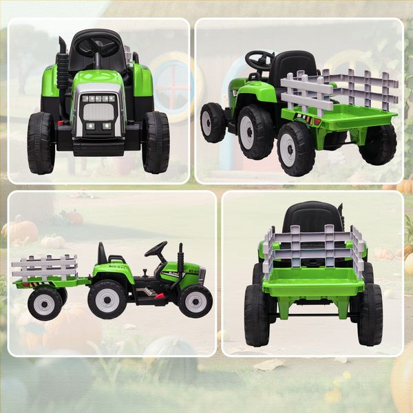 Trattore elettrico per bambini 3-6 anni con rimorchio rimovibile, batteria 12v e telecomando, verde - 