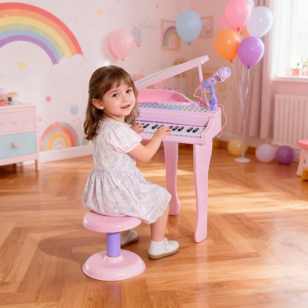 Pianoforte giocattolo per bambini , strumento musicale elettrico con 37 tasti luminosi, microfono e sgabello inclusi, 48x39x69 cm, rosa - 