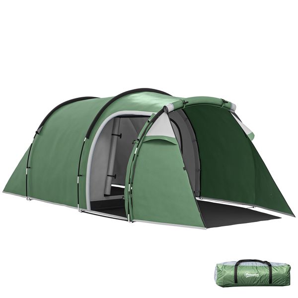 Tenda da campeggio 2-4 posti con telo impermeabile e porte con cerniera, 426x206x15 cm, verde scuro - 