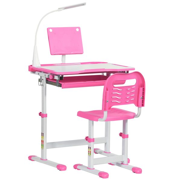 Banco scuola regolabile con sedia per bambini 6-12 anni, 70x49.5x80-105 cm, rosa - 