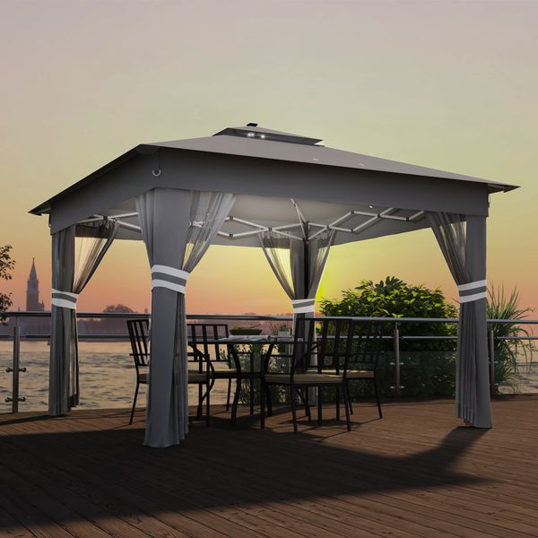Gazebo da giardino ad altezza regolabile con luci led, in acciaio e tessuto oxford, 336x336x250-270 cm, grigio - 