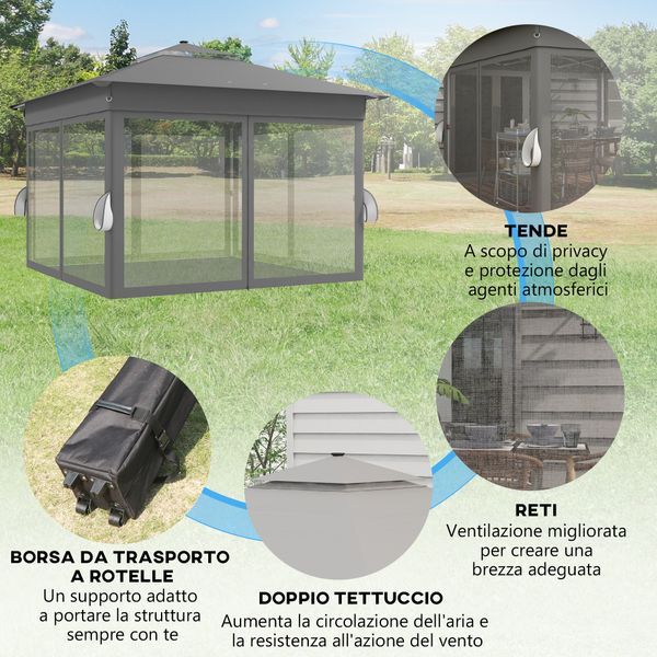 Gazebo da giardino ad altezza regolabile con luci led, in acciaio e tessuto oxford, 336x336x250-270 cm, grigio - 