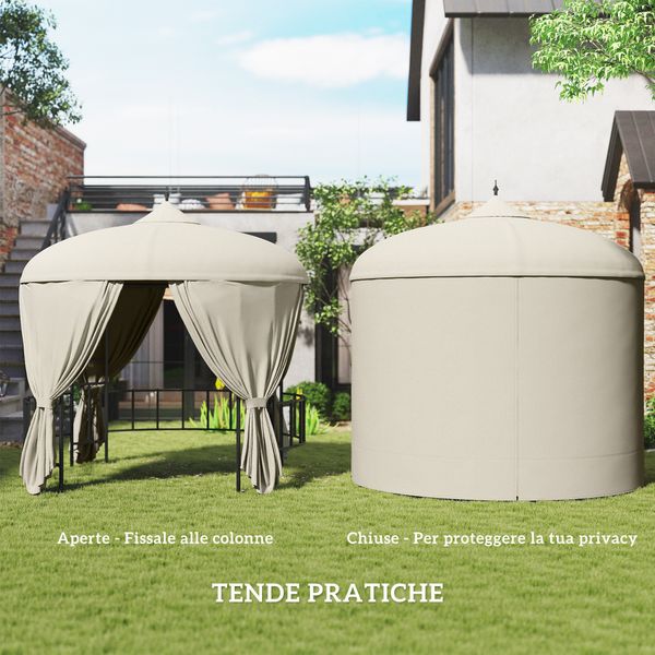 Gazebo da giardino rotondo ø3m con tende e prese d'aria in metallo e poliestere, beige - 