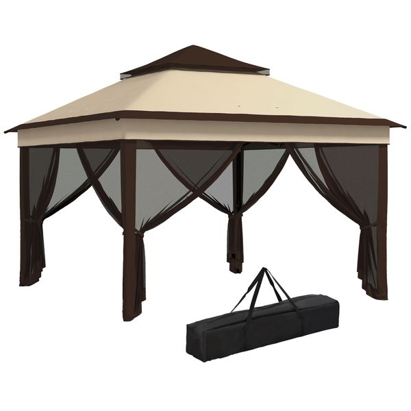 Gazebo 3x3 regolabile su 3 livelli con pareti rimovibili, in acciaio e tessuto oxford, color caffè e beige - 