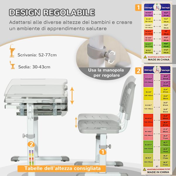 Banco scuola per bambini 6-12 anni con sedia e altezza regolabile, piano inclinabile, 66x47x52-77 cm, grigio - 