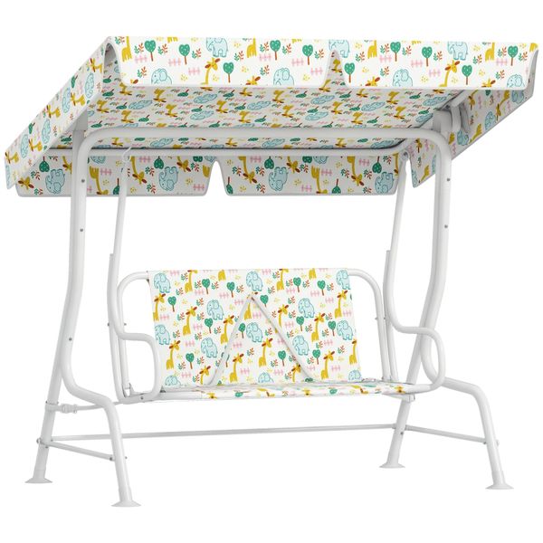 Dondolo per bambini da esterno a 2 posti con tettuccio regolabile e cinture di sicurezza, 112x75x120 cm, bianco - 