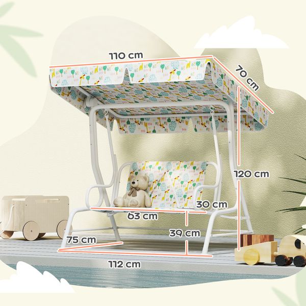 Dondolo per bambini da esterno a 2 posti con tettuccio regolabile e cinture di sicurezza, 112x75x120 cm, bianco - 