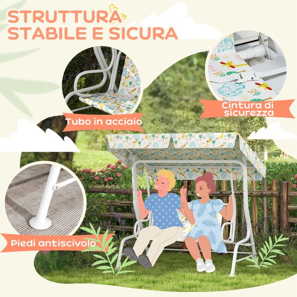 Dondolo per bambini da esterno a 2 posti con tettuccio regolabile e cinture di sicurezza, 112x75x120 cm, bianco - 
