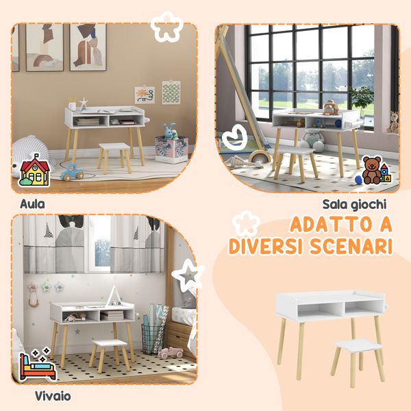 Set tavolino per bambini con sgabello, banchetto con piano reversibile e rotolo di carta, bianco - 