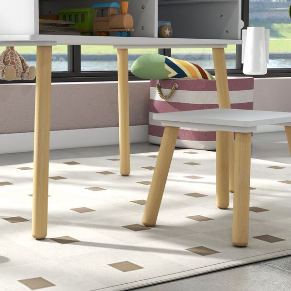Set tavolino per bambini con sgabello, banchetto con piano reversibile e rotolo di carta, bianco - 