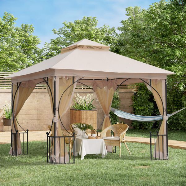 Gazebo da giardino 3x3m in metallo con zanzariere e tettuccio in poliestere, beige - 