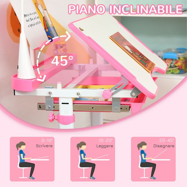 Banco scuola regolabile con sedia per bambini 6-12 anni, 70x49.5x80-105 cm, rosa - 