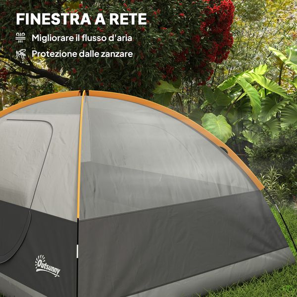 Tenda da campeggio per 3 persone impermeabile con tasche, gancio per lanterna e borsa di trasporto, arancione - 