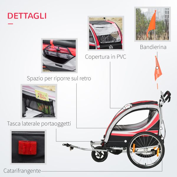 Rimorchio bici per bambini e passeggino, design 2 in 1 con freno, cintura a 5 punti, carrello rimorchio per bicicletta - 
