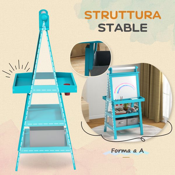 Lavagna per bambini con cavalletto 3 in 1, rotolo di carta e 2 contenitori, in legno, 59x48x118 cm, blu - 